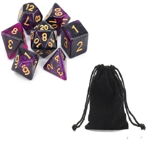 Conjunto de Dados para Rpg Nebula Glitter Roxo com Preto com N° Dourado Conjunto de Dados para Rpg Nebula Glitter Roxo com Preto com N° Dourado